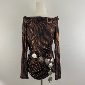 BALI Vintage 90s Brown Metallic Copper Swirl Ruched Stretchy Long Sleeve Top